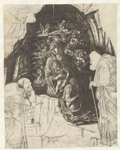 Mary with Child Surrounded by Angels in a Cave with Joseph and King in Adoration by Andrea Mantegna (school of)