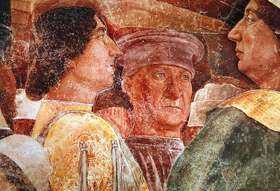 Arrival of Cardinal Francesco Gonzaga, (detail) Mantegna and Courtiers on the Right Hand Side, c.1465-74 by Andrea Mantegna