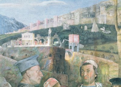 Arrival of Cardinal Francesco Gonzaga; idealised view of Rome: (detail) by Andrea Mantegna