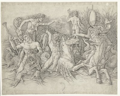 Battle Between Satyrs Riding Hippocampi and Old Woman as Personification of Envy Standing on Back of Dragon by Andrea Mantegna