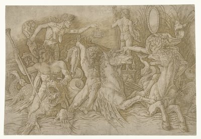 Battle between Satyrs Riding Hippocampi and Old Woman as Personification of Envy Standing on Back of Dragon (series title: Battle of Sea Gods) by Andrea Mantegna