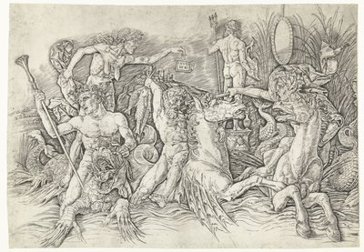 Battle Between Satyrs Riding Hippocampi and Old Woman as Personification of Envy Standing on Dragon