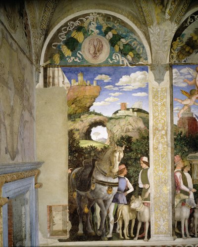 Horse and Groom with Hunting Dogs, from the Camera degli Sposi or Camera Picta (detail) by Andrea Mantegna