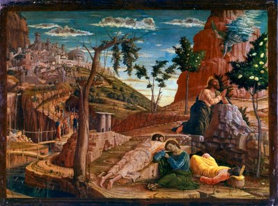 Prayer in the Garden of Olives. After the last supper, Christ goes to the hill of Gethsemani, which dominates Jerusalem with the Apostles. Roman soldiers are approaching to stop him. Altarpiece of San Zeno de Verona. Painting (tempera) on wood by Andrea Ma by Andrea Mantegna
