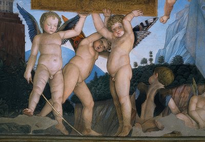 Putti with Butterfly Wings Holding a Dedication Plaque (detail) by Andrea Mantegna