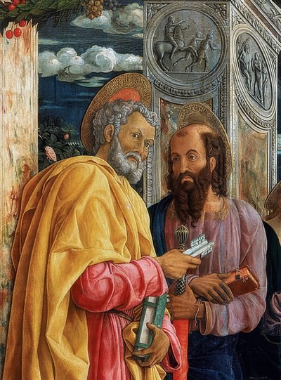 San Zeno Altarpiece. (Detail). 1457-1460. Depicted are Simon Peter and Paul of Tarsus by Andrea Mantegna
