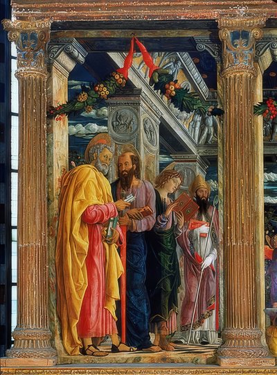 San Zeno Altarpiece. Left Side. 1457-1460. Depicting Simon Peter, Paul of Tarsus, John the Evangelist, and Zeno of Verona by Andrea Mantegna