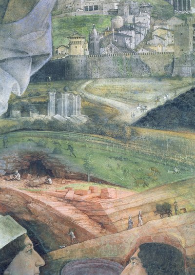 The Arrival of Cardinal Francesco Gonzaga; marble quarry workings and an idealised view of Rome: (detail) by Andrea Mantegna