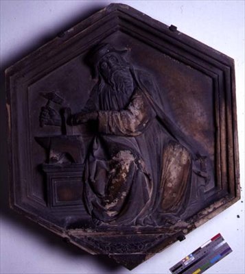 Harmony, Hexagonal Decorative Relief Tile from a Series Depicting the Seven Liberal Arts, Possibly Based on Designs by Giotto, c.1334-48 by Andrea Pisano
