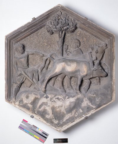 The Art of Agriculture, hexagonal decorative relief tile from a series depicting the practitioners of the Arts and Sciences, possibly based on designs by Giotto by Andrea Pisano