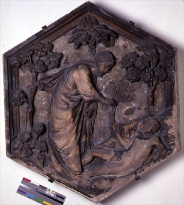 The Creation of Adam, Hexagonal Decorative Relief Tile from a Series Illustrating Episodes from Genesis, Possibly Based on Designs by Giotto, c.1334-48 by Andrea Pisano