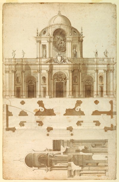 Proposed Elevation, Section, and Plan for the Facade of San Giovanni, Laterano, Rome, Italy by Andrea Pozzo