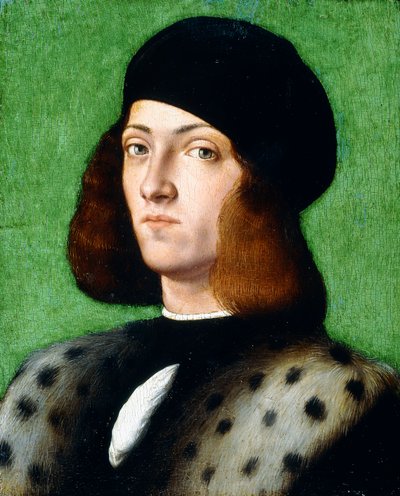 Portrait of a young Gentleman, bust-length, wearing a black cap and black coat by Andrea Previtali