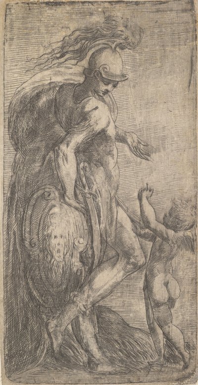 Mars Standing at the Left Leaning on a Shield, Cupid at the Right, ca. 1542-46 by Andrea Schiavone