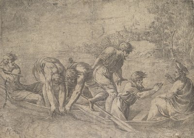 The miraculous draught of the fishes, Christ at the right accompanied by apostles by Andrea Schiavone