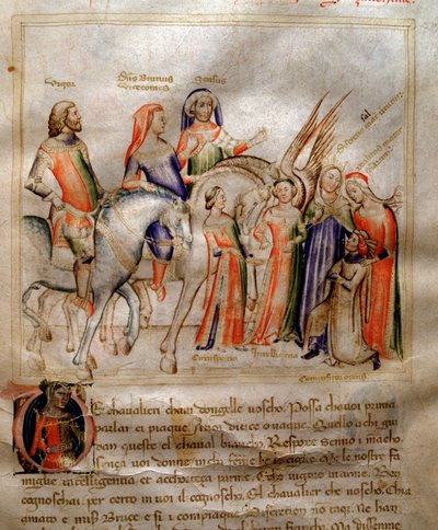 The author kneels to present his book to the young prince Visconti of Milan in Song of the Seven Vertus and the Seven Liberal Arts destinee for Bruzio Visconti by Andrea de Bartoli