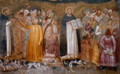 Triumph of the militant church: Thomas Aquinas before the heretics and Fra Dolcino torn the official doctrine of the Church (detail) by Andrea di Bonaiuto (fl.1343 77)
