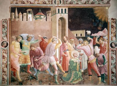Stoning of St. Stephen, Fresco by Andrea di Giusto, 1430-1450, Cathedral of Prato, Chapel of Assunta, Prato, Italy by Andrea di Giusto Manzini