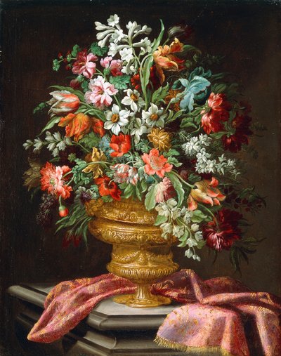 Flowers in a Sculpted Urn on a Draped Stone Pedestal by Andrea the Elder Scacciati