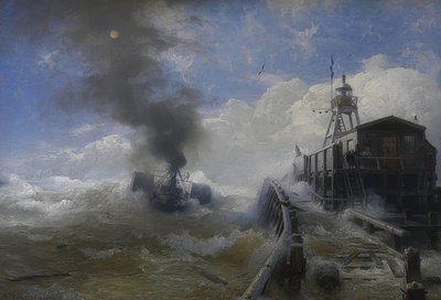 A Tugboat Leaving the Port of Ostend at High Tide. 1878 by Andreas Achenbach