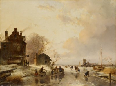 A Peasant Inn and a Barn by a Frozen River by Andreas Schelfhout