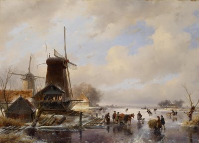 A Sawmill on a Frozen Canal, Men Loading a Sledge in the Foreground by Andreas Schelfhout