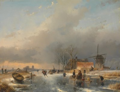 A Winter Landscape, Right a Mill and Houses by a Frozen Canal by Andreas Schelfhout