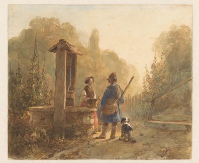 Hunter Talking to a Farmer Woman by a Well, with a Dog Beside Him by Andreas Schelfhout