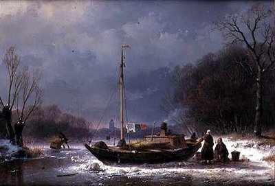 Peasants by a Boat on a Frozen River by Andreas Schelfhout