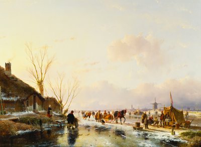 Skaters by a Booth on a Frozen River, 1850 by Andreas Schelfhout