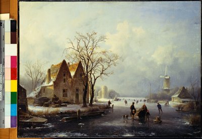 Skaters in a Frozen Winter Landscape by Andreas Schelfhout