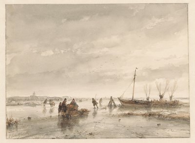 Winter Landscape with Frozen Lake by Andreas Schelfhout