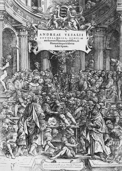 Title page of De humani corporis fabrica, where Andreas Vesalius is depicted dissecting cadaver by Andreas Vesalius