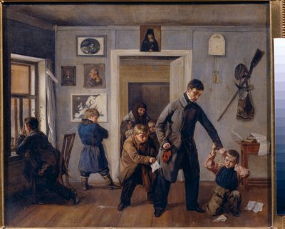 At School. A Country Schoolmaster Catches a Boy by the Ear in the Classroom by Andrei Andreevich Popov