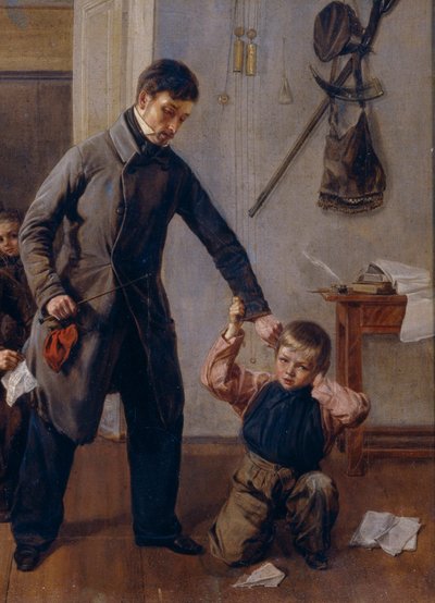 At School. A Country Schoolmaster Catches a Boy by the Ear in the Classroom Where Other Boys Are Misbehaving and Making Faces. Painting by Andrei Andreyevich Popov (detail) by Andrei Andreevich Popov