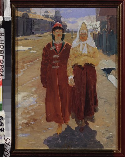 Out for a Visit. (Elegant Boyar Couple in Traditional Clothes, Walking in a Village with Wooden Houses). Painting by Andrei Petrovich Ryabushkin by Andrei Petrovich Ryabushkin