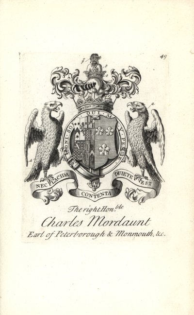 Coat of arms and crest of the right honorable Charles Mordaunt, 3rd Earl of Peterborough and 1st Earl of Monmouth by Andrew Johnston