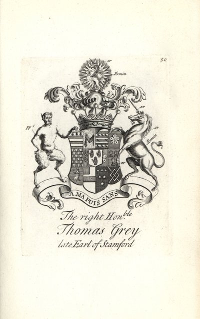 Coat of arms and crest of the right honorable Thomas Grey, 2nd Earl of Stamford by Andrew Johnston