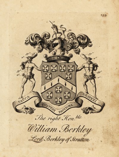 Coat of arms of the Right Honourable William Berkley, Lord Berkley of Stratton, 4th Baron Berkeley of Stratton, died 1741 by Andrew Johnston