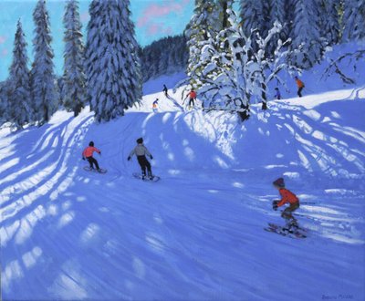 Snowboarders and skiers, Morzine, France by Andrew Macara