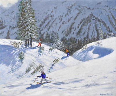 Three skiers, Kitzbuehel, Austria, 2024 by Andrew Macara