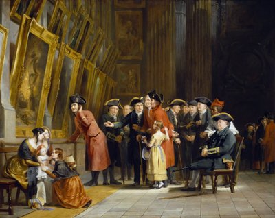 A meeting of veterans of the British Army and Navy, who served under Horatio Nelson (1758-1805): Chelsea residents (dressed in red) and Greenwich Hospital (dressed in blue) visiting the marine paint gallery at Greenwich Hospital by Andrew Morton