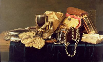 Still Life of a Jewellery Casket, Books and Oysters by Andries Vermeulen