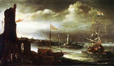 A Dutch ship anchored in front of the port of Genoa by Andries van Eertvelt