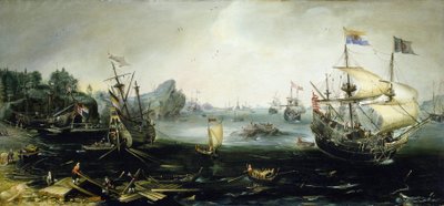 Dutch ships loading a cargo of wood into a Scandinavian fjord by Andries van Eertvelt