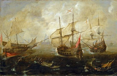 Maneuver Between British and Spanish Ships, the Boats Approaching Each Other, Looked Heavily Loaded, Probably with Soldiers by Andries van Eertvelt