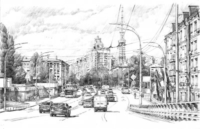 Busy Urban Street Sketch by Andrii Kutsachenko