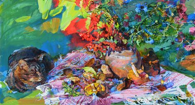 Vibrant Floral Cat Still Life by Andrii Kutsachenko