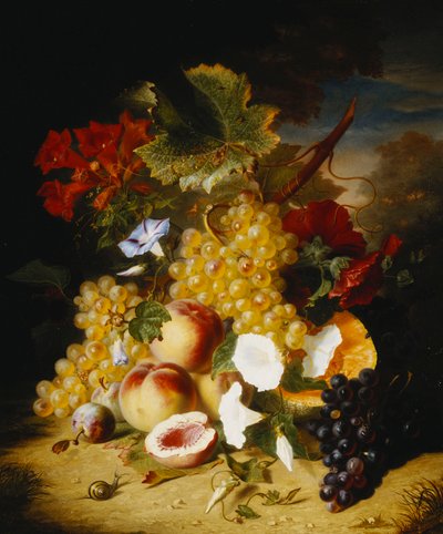 Peaches, Grapes, a Melon, Convulvuli and Other Flowers in a Landscape by Ange Louis Guillaume Lesourd Beauregard