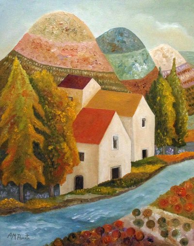 Autumn Village River by Angeles M. Pomata